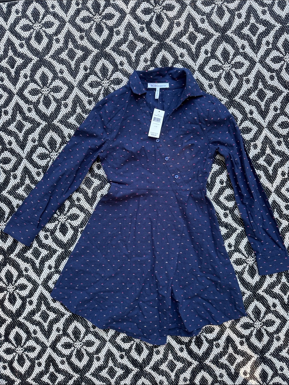 BCBG generation Navy Polka Dot faux wrap dress 0 NWT